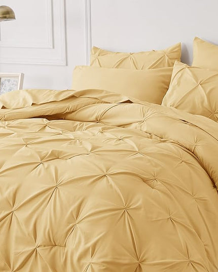 Bedsure Twin Comforter Set with Sheets - 5 Pieces Twin Bedding Sets, Pinch Pleat Yellow Twin Bed in a Bag with Comforter, Sheets, Pillowcase & Sham - LeafyLoom