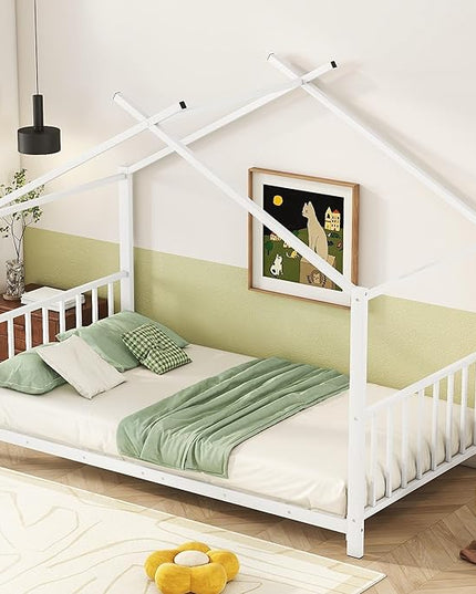 Twin Size Kids Montessori Floor Bed,House Bed Frame with High Headboard,Twin Floor Bed with Roof for Boys Girls,Floor Bed Metal Frame (White) - LeafyLoom