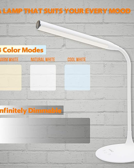 DAC LED Desk Lamp, Eye Care Table Lamp, 360 Degree Flexible Gooseneck, Continuously Dimmable, 3 Color Modes, Touch-Sensitive Control Panel, 40-Minute Auto Shut-Off Timer, White, 6W - LeafyLoom