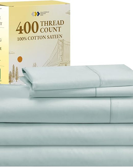 Split King Sheets for Adjustable Bed, Soft 100% Cotton Sheets, 400 Thread Count Sateen, 5 Pc Set-2 Twin-XL Fitted Sheets, Deep Pocket Sheets, Cooling Sheets, Beats Egyptian Cotton Claims (Seafoam) - LeafyLoom