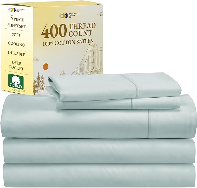 Split King Sheets for Adjustable Bed, Soft 100% Cotton Sheets, 400 Thread Count Sateen, 5 Pc Set-2 Twin-XL Fitted Sheets, Deep Pocket Sheets, Cooling Sheets, Beats Egyptian Cotton Claims (Seafoam) - LeafyLoom