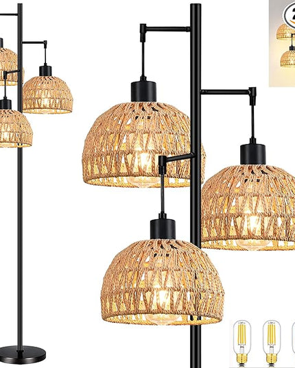 Tree 3-Lights Floor Lamp for Living Room,Bedroom,Rattan Boho Floor Lights,Industrial Black Farmhouse Standing Lamp Wicker Rustic Adjustable Tall Lamp,Woven Bamboo LampShade Floor Lamps Bohemian - LeafyLoom