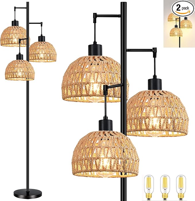 Tree 3-Lights Floor Lamp for Living Room,Bedroom,Rattan Boho Floor Lights,Industrial Black Farmhouse Standing Lamp Wicker Rustic Adjustable Tall Lamp,Woven Bamboo LampShade Floor Lamps Bohemian - LeafyLoom