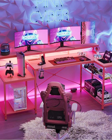 Bestier 71.5 inch Gaming Desk with Power Outlet, Large LED Computer Desk with Monitor Stand, L Shaped Desk with Storage Shelf, Cup Holder & Headset Hooks, Corner Gamer Desk for Bedroom Pink - LeafyLoom