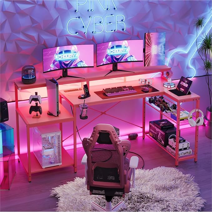Bestier 71.5 inch Gaming Desk with Power Outlet, Large LED Computer Desk with Monitor Stand, L Shaped Desk with Storage Shelf, Cup Holder & Headset Hooks, Corner Gamer Desk for Bedroom Pink - LeafyLoom