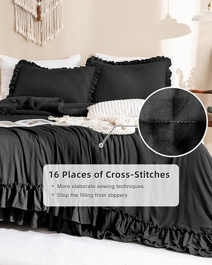 Black Ruffled Comforter Set Queen,Farmhouse Shabby Boho Chic Bedding,Ultra Soft Fluffy Ruffle Bed Comforter Set 3-Piece (1 Ruffle Comforter+2 Pillow Shams) - LeafyLoom
