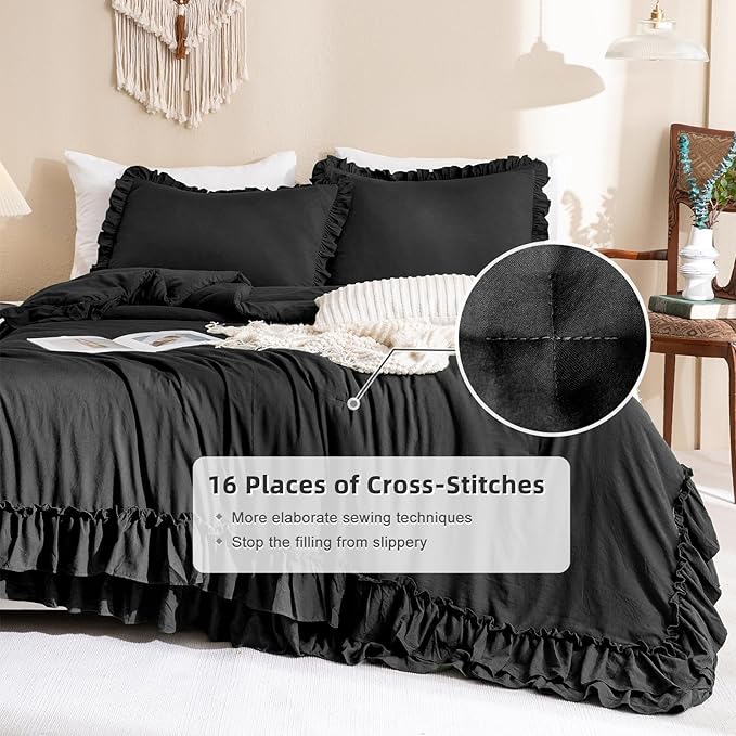 Black Ruffled Comforter Set Queen,Farmhouse Shabby Boho Chic Bedding,Ultra Soft Fluffy Ruffle Bed Comforter Set 3-Piece (1 Ruffle Comforter+2 Pillow Shams) - LeafyLoom