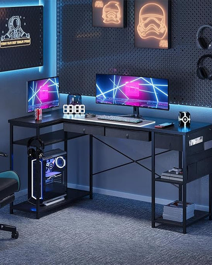 Ｍａｉｈａｉｌ Home Office Desk with Drawers and Shelves, 55” Computer Corner Desk for Small Space, Small L Shaped Desk with Side Storage for Bedroom, Black - LeafyLoom