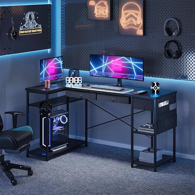 Ｍａｉｈａｉｌ Home Office Desk with Drawers and Shelves, 55” Computer Corner Desk for Small Space, Small L Shaped Desk with Side Storage for Bedroom, Black - LeafyLoom