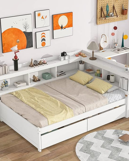 Full Size Bed with Storage Drawers and L-Shaped Bookcases, Wood Platform Bed Daybed Sofa Bed Frame with Headboard for Bedroom Living Room, White - LeafyLoom
