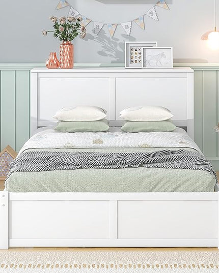 Full Size Platform Bed with Headboard, Pull Out Shelves and Twin Trundle, Wooden Versatile Storage Bedframe for Bedroom Guest Room, White - LeafyLoom