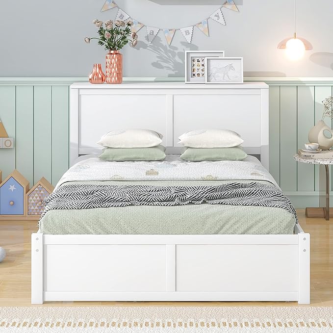 Full Size Platform Bed with Headboard, Pull Out Shelves and Twin Trundle, Wooden Versatile Storage Bedframe for Bedroom Guest Room, White - LeafyLoom