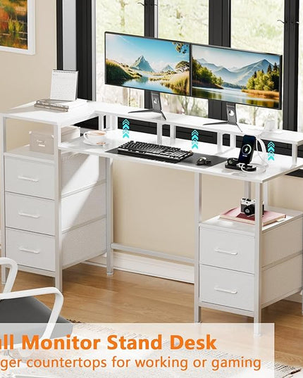 White Computer Desk with Power Outlets & LED Lights, Gaming Desk with 5 Fabric Storage Drawers, 47 Inch Home Office Desk with Monitor Stand Shelves for Working, Modern Vanity Desk for Bedroom - LeafyLoom
