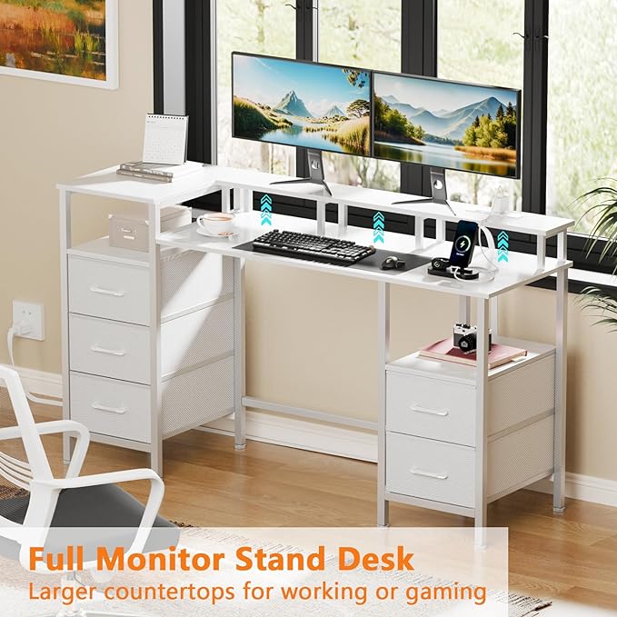 White Computer Desk with Power Outlets & LED Lights, Gaming Desk with 5 Fabric Storage Drawers, 47 Inch Home Office Desk with Monitor Stand Shelves for Working, Modern Vanity Desk for Bedroom - LeafyLoom