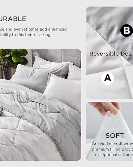 Bedsure White Twin Comforter Sets - 5 Pieces Reversible Twin Bedding Sets for College, White Extra Long Twin Bed Set with Comforters, Sheets, Pillowcase & Sham - LeafyLoom