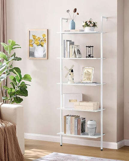 Tajsoon 25.2''W Ladder Shelf Bookshelf, 5 Tier Wall Shelf with Metal Frame, Modern Open Wall Mount Bookcases for Home, Office, Balcony, Plant Flower, White - LeafyLoom