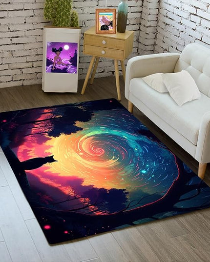 Moon Black Cat Rug - Mystical Stary Night Cat Rug for Kids Bedroom Colorful Black Cat Rug Decor Room Cat Door Mats Outdoor Entrance, 2x3 Feet - LeafyLoom