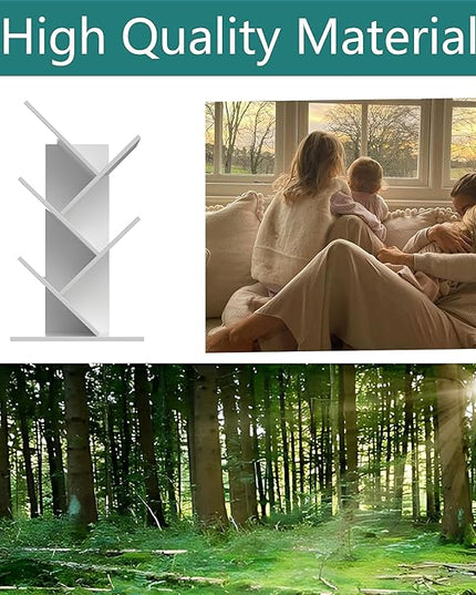 Tree Bookshelf, 5 -Tier Book Storage Organizer Shelves Floor Standing Bookcase, Wood Storage Rack for Office Home School Shelf Display for Cd/Magazine（White） - LeafyLoom