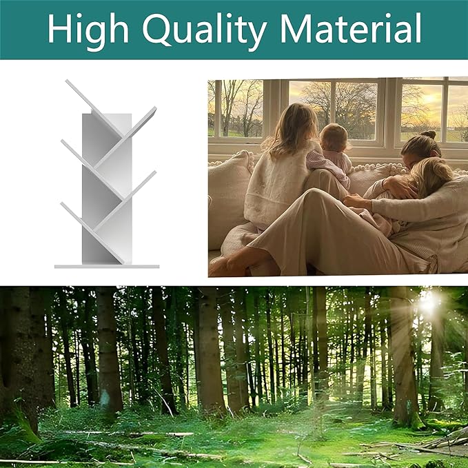 Tree Bookshelf, 5 -Tier Book Storage Organizer Shelves Floor Standing Bookcase, Wood Storage Rack for Office Home School Shelf Display for Cd/Magazine（White） - LeafyLoom