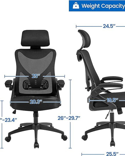 Yaheetech Ergonomic Office Chair, High Back Desk Chair with with flip-up Armrests, Adjustable Padded Headrest Mesh Computer Chair with Lumbar Support for Home Office Meeting Room, Black - LeafyLoom