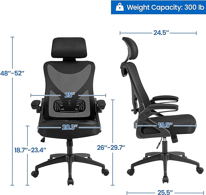 Yaheetech Ergonomic Office Chair, High Back Desk Chair with with flip-up Armrests, Adjustable Padded Headrest Mesh Computer Chair with Lumbar Support for Home Office Meeting Room, Black - LeafyLoom