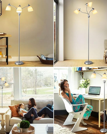 DINGLILIGHTING Floor Lamp Tall for Bedroom: Silver Standing Lamp Reading for Living Room Home Study Room Office - Modern Led Floor Light 3-Light Adjustable Flexible Gooseneck Metal Multi Head - LeafyLoom