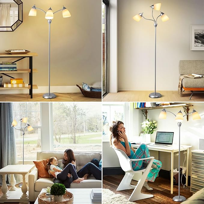 DINGLILIGHTING Floor Lamp Tall for Bedroom: Silver Standing Lamp Reading for Living Room Home Study Room Office - Modern Led Floor Light 3-Light Adjustable Flexible Gooseneck Metal Multi Head - LeafyLoom