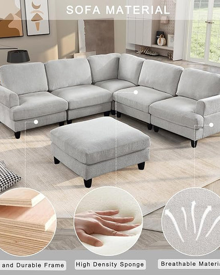 129.5" Modular Sectional Couch with Ottoman,6 Seat Chenille Corner Sofa with Seat Cushions Have a Built-in sSpring Pack,Multi-layered Plywood,for Living Room, Apartment, Bedroom, Office - LeafyLoom
