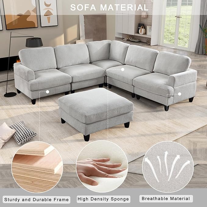 129.5" Modular Sectional Couch with Ottoman,6 Seat Chenille Corner Sofa with Seat Cushions Have a Built-in sSpring Pack,Multi-layered Plywood,for Living Room, Apartment, Bedroom, Office - LeafyLoom