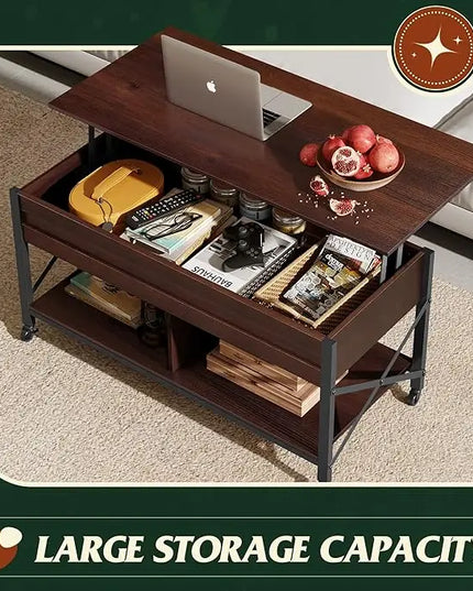 WLIVE Coffee Table, 41" Lift Top Coffee Table with Hidden Compartment, Multi-Function Coffee Table with 4 Wheels and 2 Storage Shelves for Living Room and Bedroom, Espresso - LeafyLoom