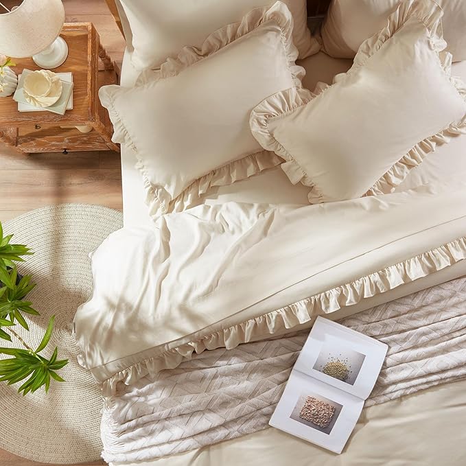 Anluoer King Comforter Set 7 Piece, Oatmeal Bed in a Bag with Sheets, All Season Ruffle Shabby Chic Bedding Sets with 1 Comforter, 2 Pillow Shams, 2 Pillowcases, 1 Flat Sheet, 1 Fitted Sheet - LeafyLoom