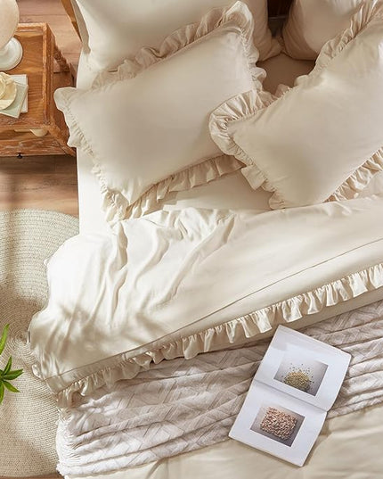 Anluoer Queen Comforter Set 7 Piece, Oatmeal Bed in a Bag with Sheets, All Season Ruffle Shabby Chic Bedding Sets with 1 Comforter, 2 Pillow Shams, 2 Pillowcases, 1 Flat Sheet, 1 Fitted Sheet - LeafyLoom