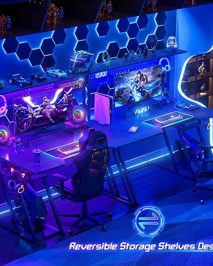 Gaming Computer Desk with Shelves and Outlets, Gaming Desk with Hutch and LED Lights, Reversible PC Gaming Desk with Pegboard, Carbon Fiber Black 47'' - LeafyLoom