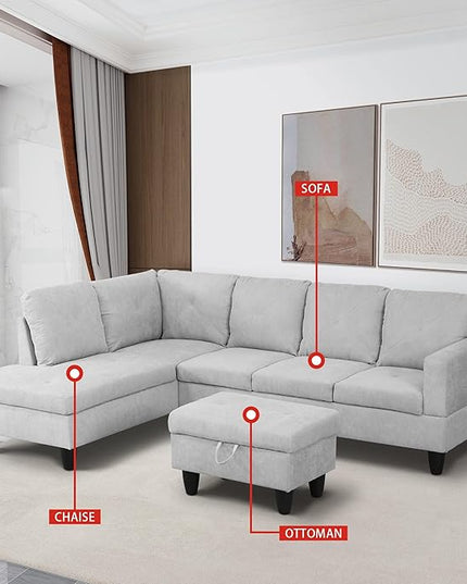 L-Shaped Sectional Couches with 66.5'' Chaise Lounge & Storage Ottoman Modular Room Sofas for Home Office Apartment, Large Living Furniture, 97'' Left Hand Facing, Grey White Flannelette - LeafyLoom
