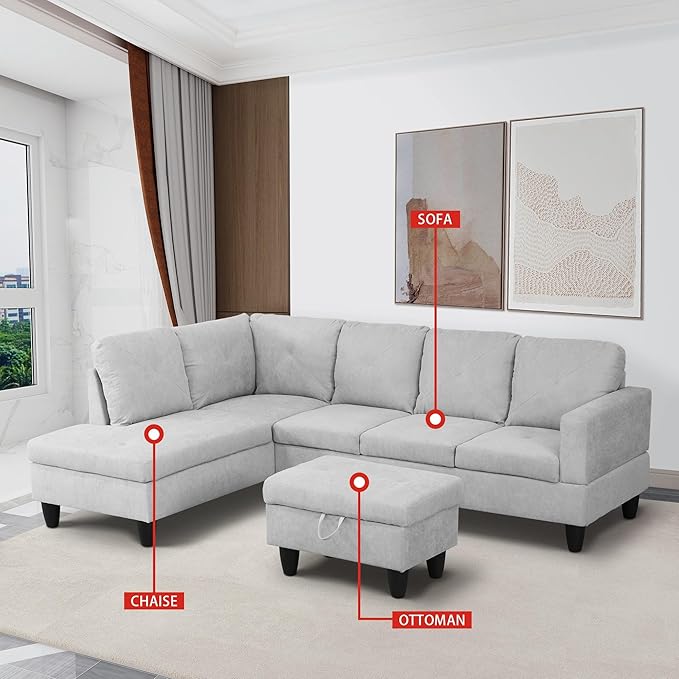 L-Shaped Sectional Couches with 66.5'' Chaise Lounge & Storage Ottoman Modular Room Sofas for Home Office Apartment, Large Living Furniture, 97'' Left Hand Facing, Grey White Flannelette - LeafyLoom