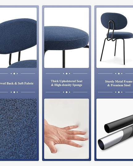 COLAMY Modern Fabric Dining Chairs Set of 6, Mid Centry Upholstered Dining Room Kitchen Chairs with Curved Backrest, Round Seat, Black Metal Legs, Blue - LeafyLoom