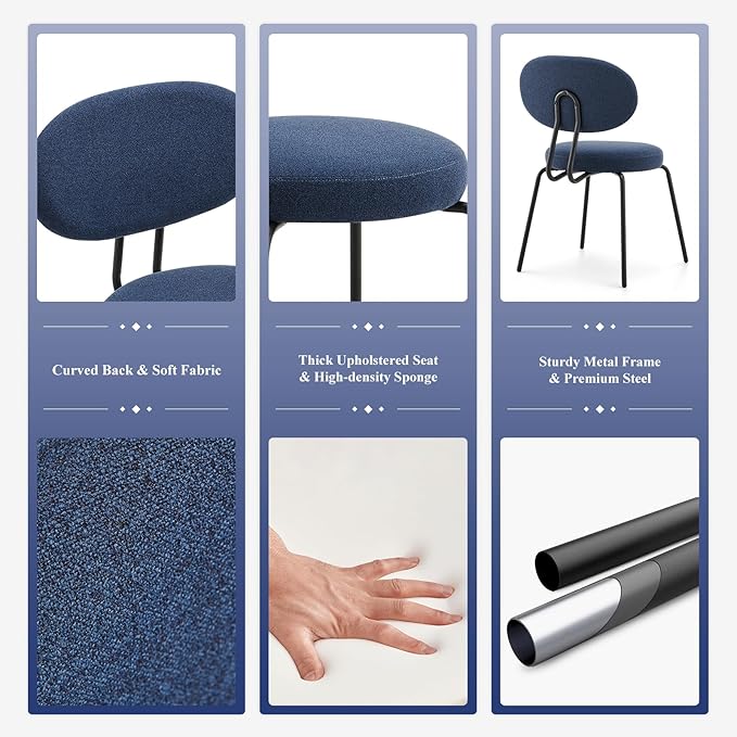 COLAMY Modern Fabric Dining Chairs Set of 6, Mid Centry Upholstered Dining Room Kitchen Chairs with Curved Backrest, Round Seat, Black Metal Legs, Blue - LeafyLoom