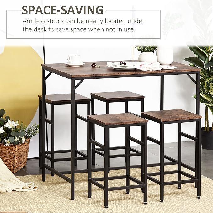 NicBex Dining Table Set for 4 Kitchen & Dining Room Tables 5-Piece Industrial Dining Table Set, Bar Table & 4 Stools Set, Space Saving for Pub & Kitchen, Living Room, Rustic Brown - LeafyLoom