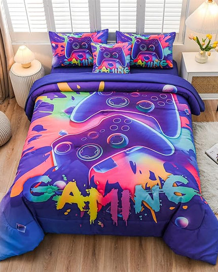 Aimuan Gaming Comforter Sets for Boys Kids Bedding Sets Video Games Console Action Buttons Novelty Colorful Game Gamepad Controller Modern Gamer Room Decor Home Quilt Set (Twin 6 Pcs,Purple) - LeafyLoom