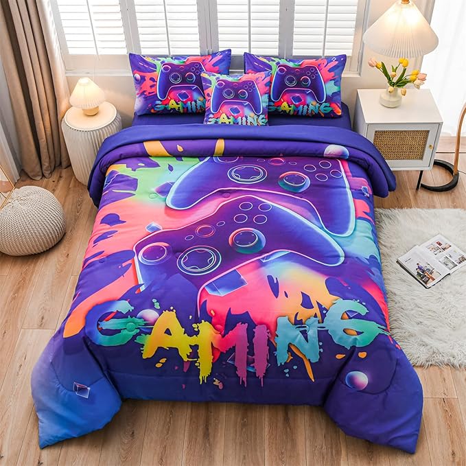 Aimuan Gamer Gaming Bedding Sets 3D Gamepad Comforter Sets for Boys Games Console Action Buttons Novelty Colorful Game Controller Modern Room Decor Home Quilt Set (Purple, Full 6PCS) - LeafyLoom