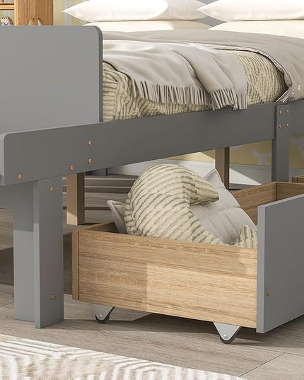 Dolonm Full Bed Frames for Kids with 2 Drawers, Storage Platform Bed with Footboard Bench, Twin Kids Bed Headboard Frame Pine Wood, High Stable, No Box Spring Needed, Twin Bed for Kids, Grey - LeafyLoom