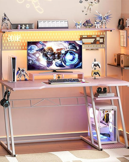 Gaming Computer Desk with Outlets and Storage Shelves, Pink Gaming Desk with Hutch and LED Lights, PC Gaming Desk with Pegboard for Bedroom, Carbon Fiber Pink, 47'' - LeafyLoom