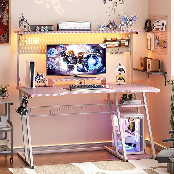 Gaming Computer Desk with Outlets and Storage Shelves, Pink Gaming Desk with Hutch and LED Lights, PC Gaming Desk with Pegboard for Bedroom, Carbon Fiber Pink, 47'' - LeafyLoom