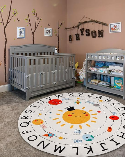 ABC Kids Rug,5.2 ft Washable Nursery Rug,Soft Plush Educational Circle Rug,Non-Slip Solar System Alphabet Rug for Classroom playroom Bedroom Kids Room Decor - LeafyLoom