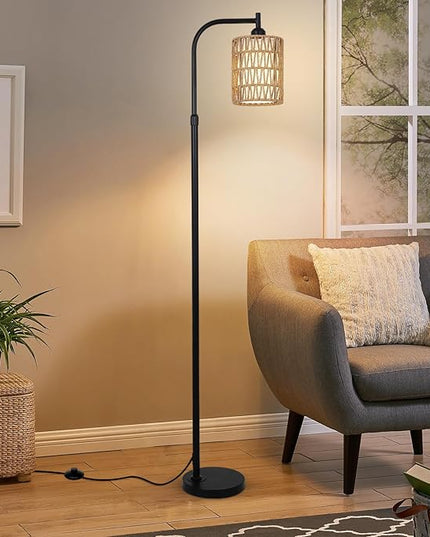 Floor Lamps for Living Room Bright Lighting, Boho Rattan Floor Lamp, Modern Farmhouse Standing Lamp with 2-in-1 Rattan Shades, Minimalist Industrial Tall Pole Lamp for Bedroom Office, Black - LeafyLoom