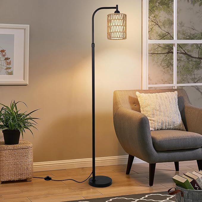 Floor Lamps for Living Room Bright Lighting, Boho Rattan Floor Lamp, Modern Farmhouse Standing Lamp with 2-in-1 Rattan Shades, Minimalist Industrial Tall Pole Lamp for Bedroom Office, Black - LeafyLoom
