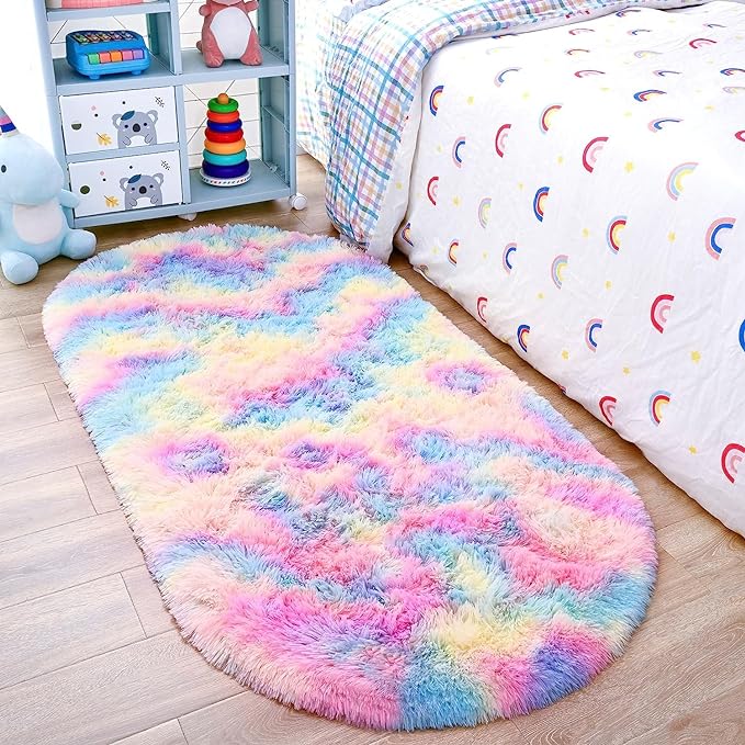 Noahas Rainbow Rug for Kids Room,Fluffy Rugs for Bedroom,2'X 5' Oval Ultra Soft Bedroom Rugs,Small Throw Rugs, Kids Room Carpet Modern Shaggy Area Rugs Home Decor - LeafyLoom