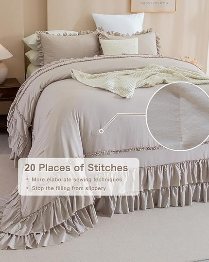 Oversized King Comforter 120x120,3 Pieces Farmhouse Taupe Ruffle Bedding Comforter,Oversized Shabby Boho Chic Cal King Bed Comforter,Lighteweight and Soft Microfiber Bedding Set - LeafyLoom