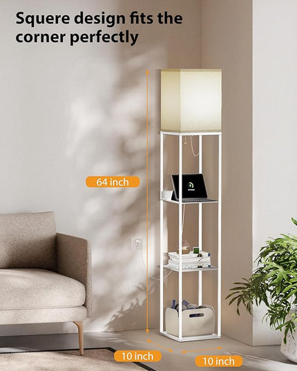 Evajoy Floor Lamp with Shelves, Smart RGB Floor Lamps Work with Alexa, with 2 USB Ports & 1 AC Output, Modern 4-tier Lamp for Display Storage, Floor Lamps for Living Room, Bedroom, Office,White - LeafyLoom