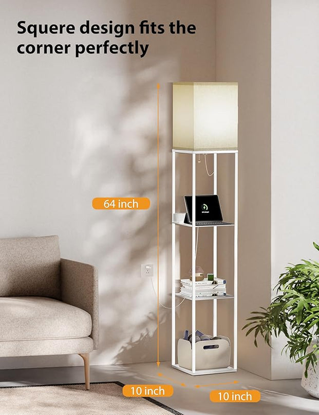 Evajoy Floor Lamp with Shelves, Smart RGB Floor Lamps Work with Alexa, with 2 USB Ports & 1 AC Output, Modern 4-tier Lamp for Display Storage, Floor Lamps for Living Room, Bedroom, Office,White - LeafyLoom